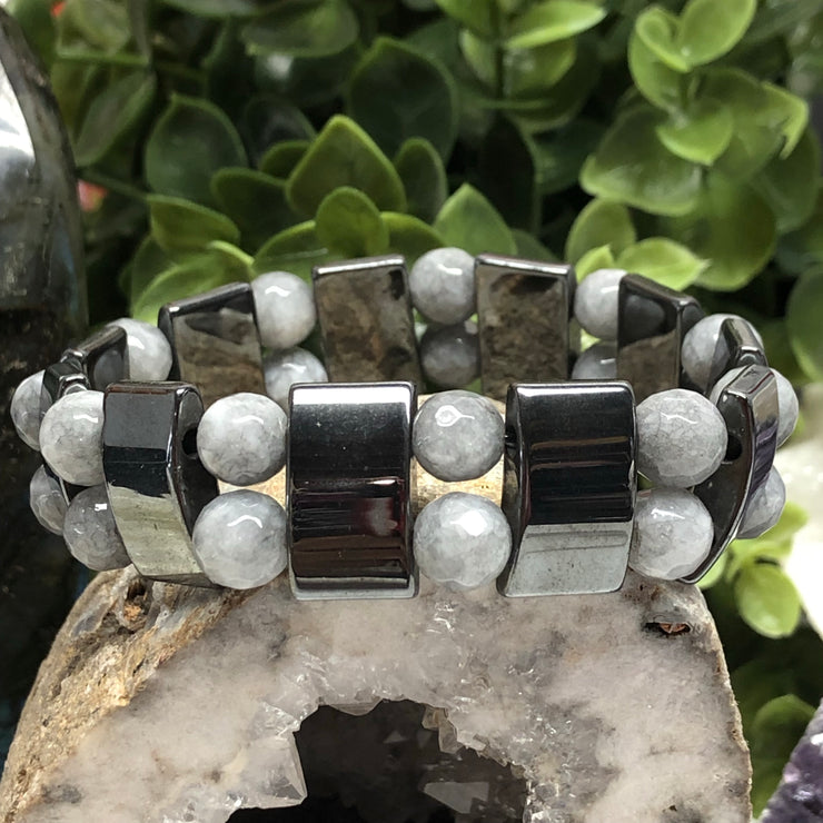 Hematite and Agate Bracelet- Gray Block