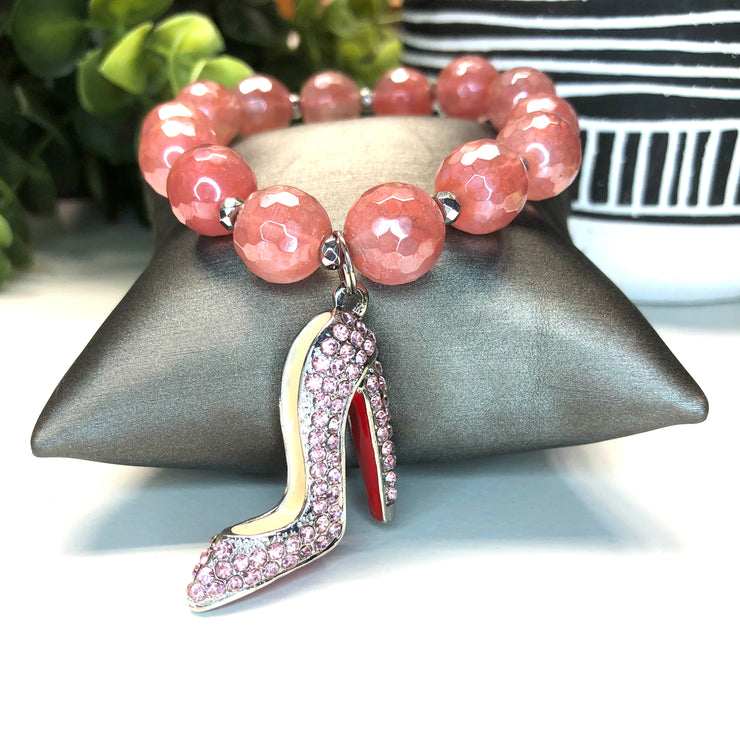 Plated Cherry Quartz Bracelet with Rhinestone Red Bottom Heel Charm- Silver Pinky