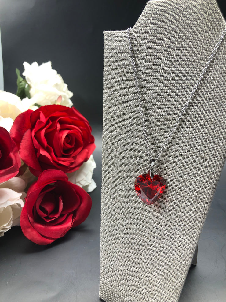 18” Stainless Steel Curb Chain Necklace with 20mm Red Cubic Zirconia Heart Pendant