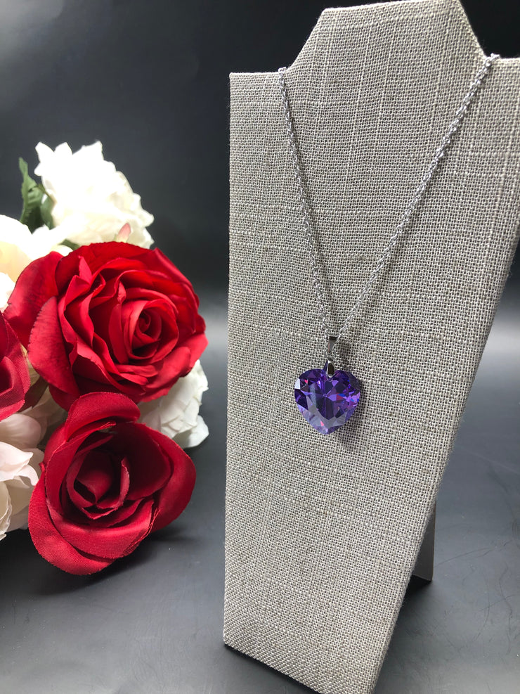 18” Stainless Steel Flat Cable Chain Necklace with 20mm Purple Cubic Zirconia Heart Pendant