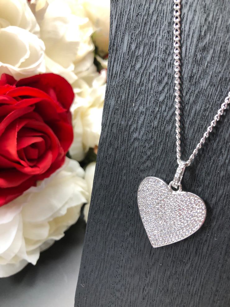 19” Stainless Steel Curb Chain Necklace with 27mm Cubic Zirconia Heart Pendant