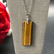 16.25" Stainless Steel 2mm Flat Cable Chain Necklace with 50x20mm Rectangle Tigers Eye Pendant