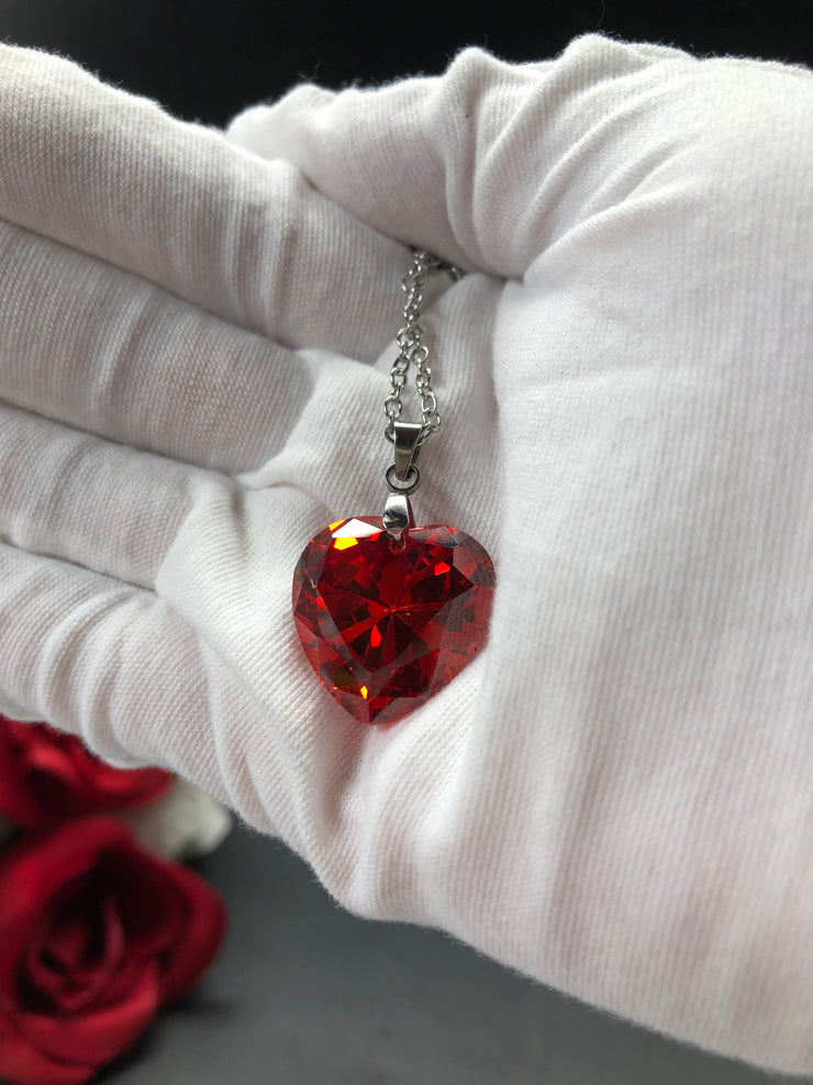 18” Stainless Steel Curb Chain Necklace with 20mm Red Cubic Zirconia Heart Pendant