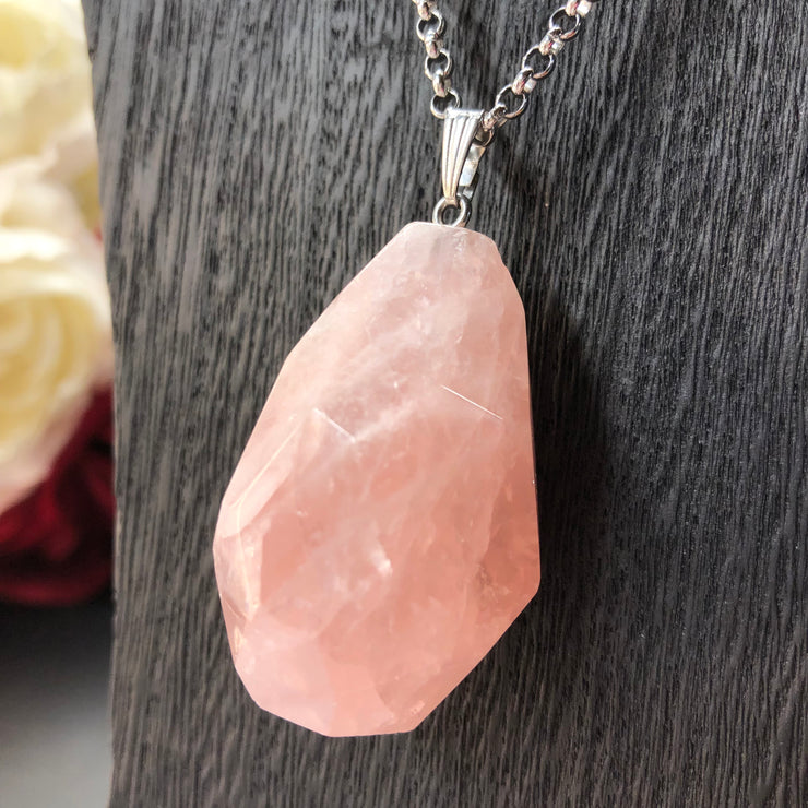 20.5" Stainless Steel Rolo Necklace with Rose Quartz Nugget Pendant