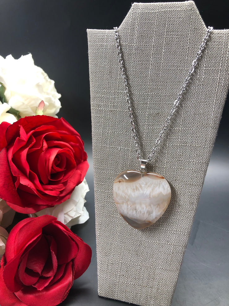 18.25" Stainless Steel Necklace with Agate Heart Pendant