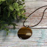 20" Waxed Leather Cord Necklace with Round Tiger's Eye Pendant