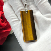 16.25" Stainless Steel 2mm Flat Cable Chain Necklace with 50x20mm Rectangle Tigers Eye Pendant