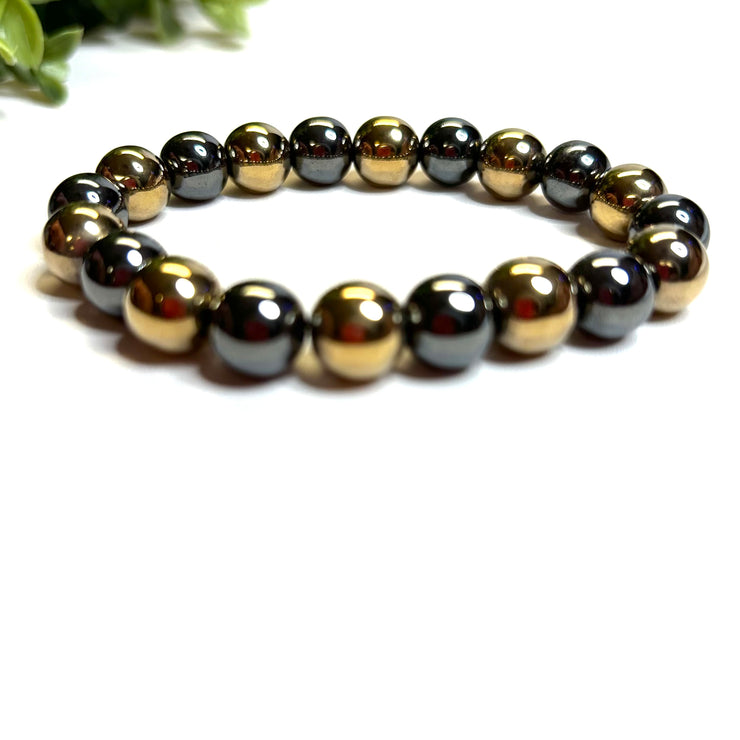 Hematite Bracelet- 10mm Gunmetal and Pyrite Tone