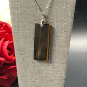 16.25" Stainless Steel 2mm Flat Cable Chain Necklace with 50x20mm Rectangle Tigers Eye Pendant