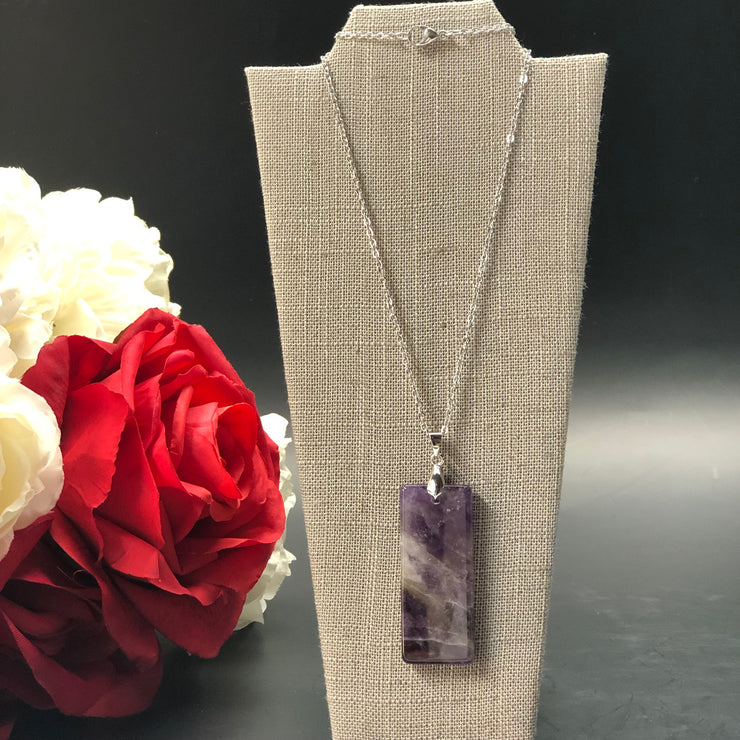 16.25" Stainless Steel 2mm Flat Cable Chain Necklace with 50x20mm Rectangle Amethyst Pendant