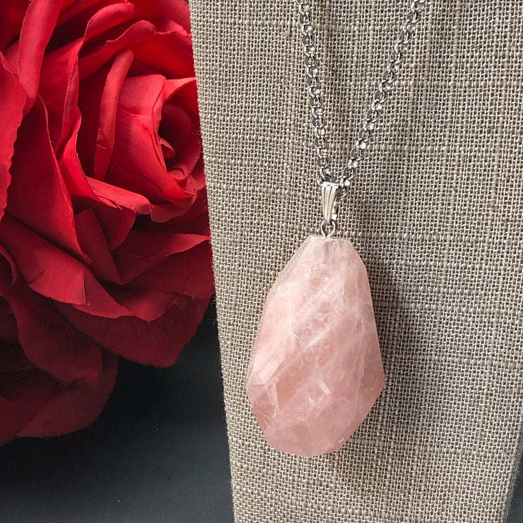 20.5" Stainless Steel Rolo Necklace with Rose Quartz Nugget Pendant