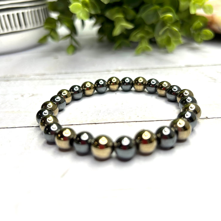 Hematite Bracelet- 10mm Gunmetal and Pyrite Tone