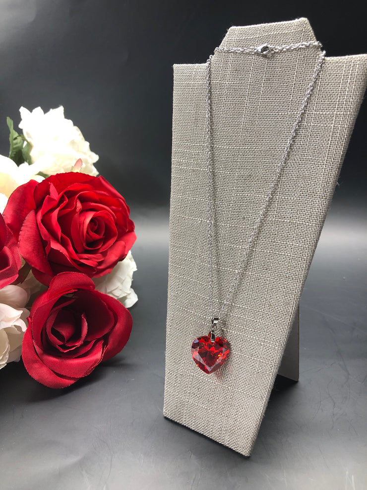 18” Stainless Steel Curb Chain Necklace with 20mm Red Cubic Zirconia Heart Pendant