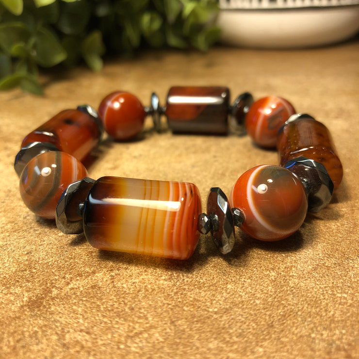 Sardonyx, Agate and Hematite Bracelet - Pumpkin Spice