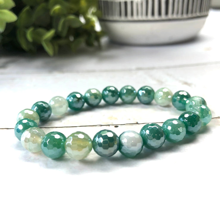 Plated Agate Bracelet- 8mm Green and White