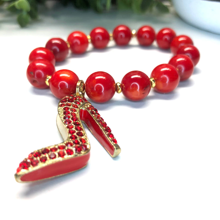 Coral, Red Mother of Pearl and Hematite 3 pc. Bracelet set- "Coral Sunshine"