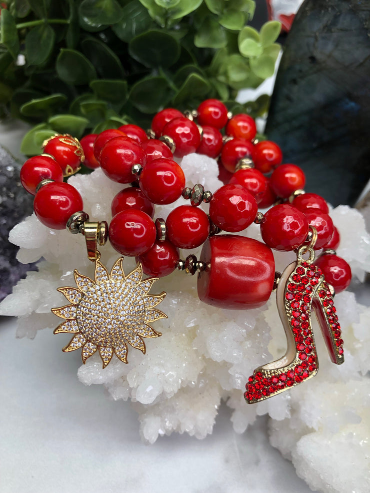 Coral, Red Mother of Pearl and Hematite 3 pc. Bracelet set- "Coral Sunshine"