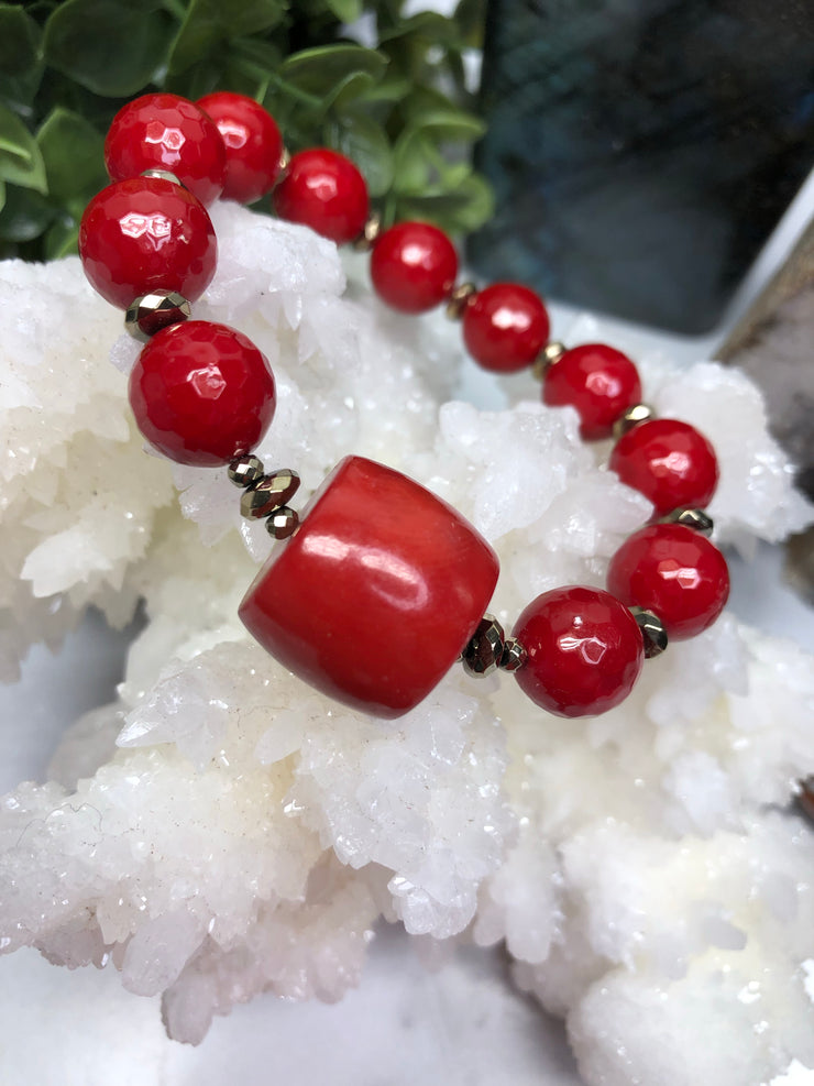 Coral, Red Mother of Pearl and Hematite 3 pc. Bracelet set- "Coral Sunshine"