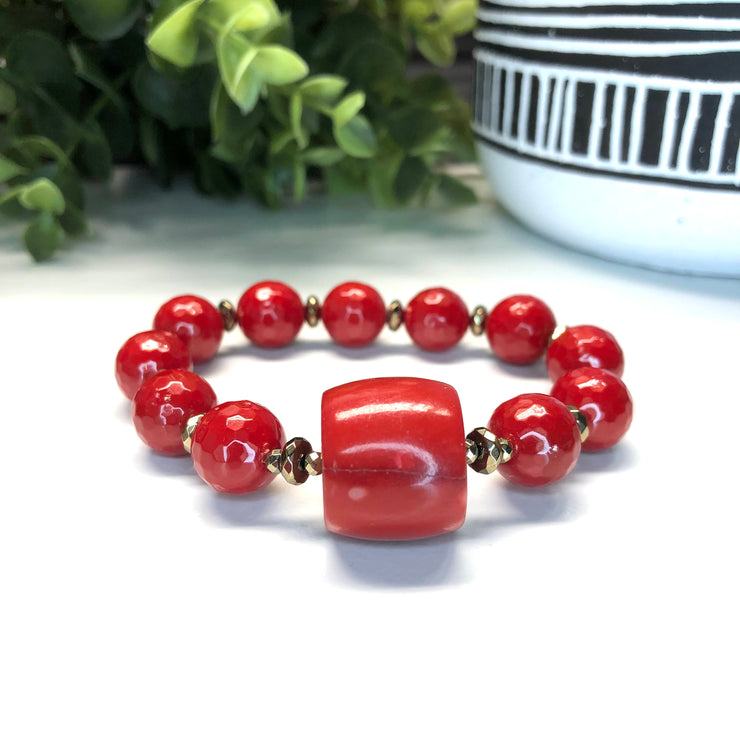 Coral, Red Mother of Pearl and Hematite 3 pc. Bracelet set- "Coral Sunshine"