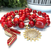 Coral, Red Mother of Pearl and Hematite 3 pc. Bracelet set- "Coral Sunshine"