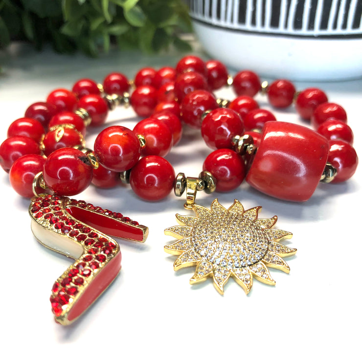 Coral, Red Mother of Pearl and Hematite 3 pc. Bracelet set- "Coral Sunshine"