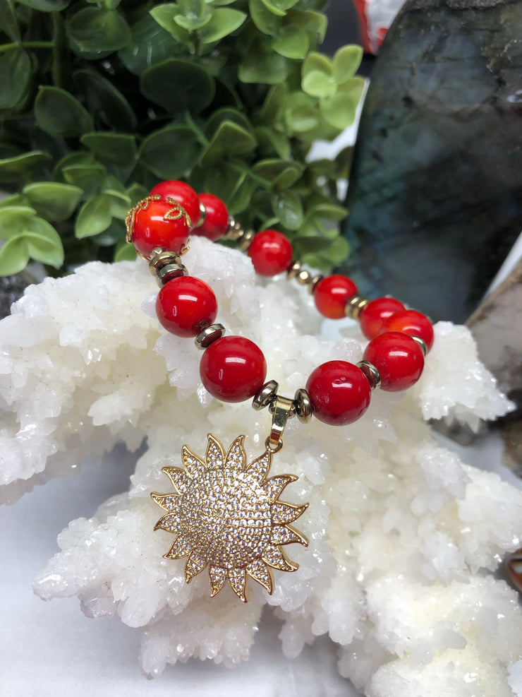 Coral, Red Mother of Pearl and Hematite 3 pc. Bracelet set- "Coral Sunshine"