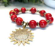 Coral, Red Mother of Pearl and Hematite 3 pc. Bracelet set- "Coral Sunshine"