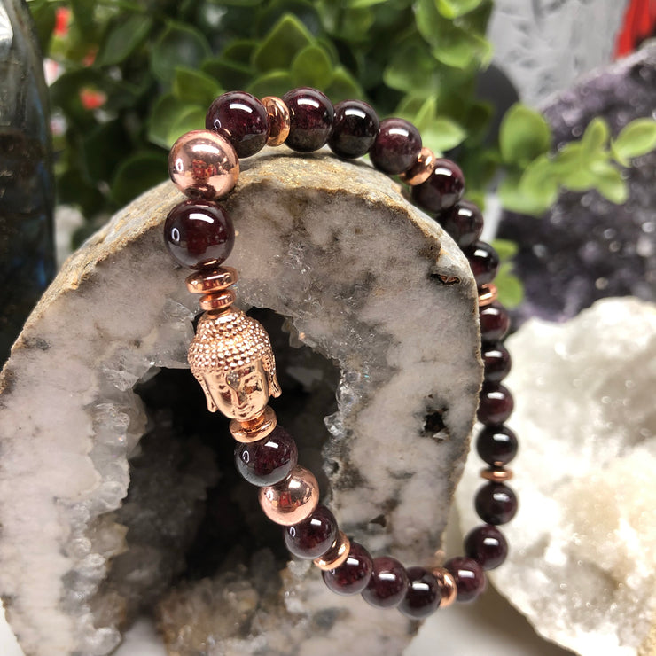 Rose Gold Hematite and Garnet Bracelet- Garnet Buddha